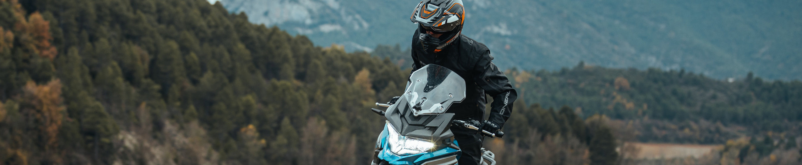 Eine Person mit Helm und schwarzer Jacke fährt mit einem Motorrad auf einer kurvenreichen Straße durch eine bewaldete Bergregion. Die Landschaft zeichnet sich durch immergrüne Bäume und entfernte Hügel unter einem bewölkten Himmel aus.