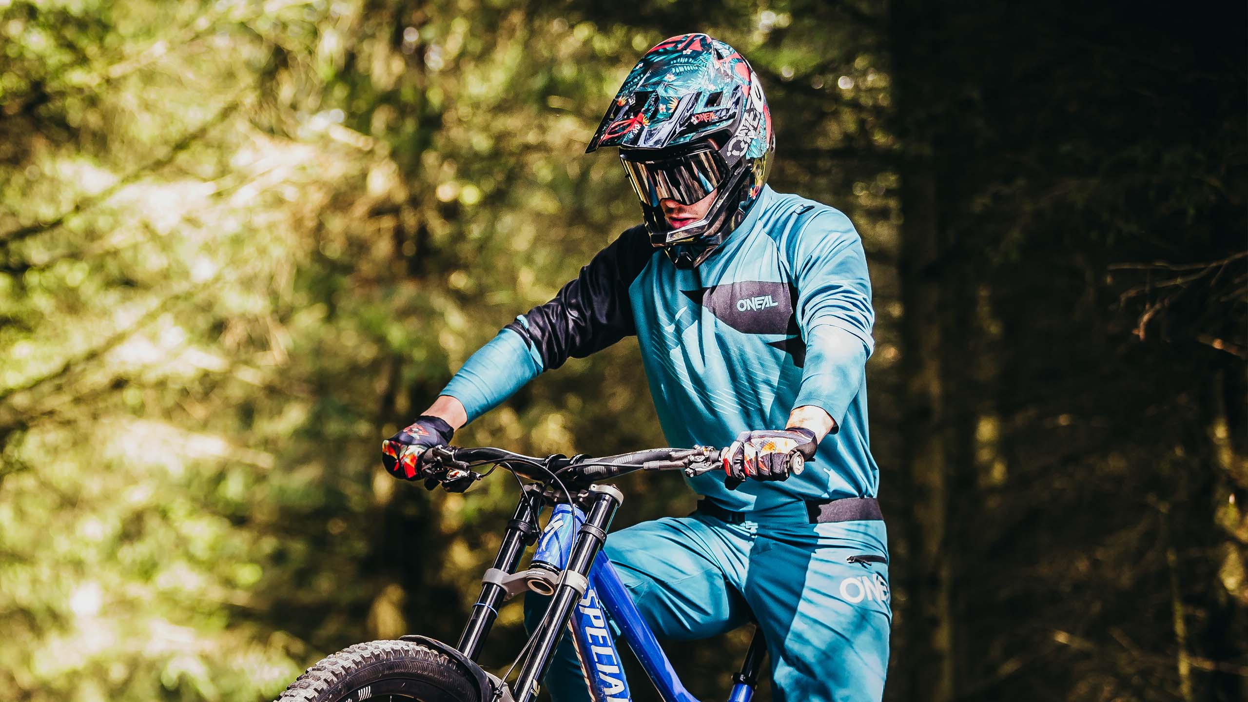 Eine Person in blau-schwarzer Radlerkleidung und Helm fährt mit einem blauen Dirtbike durch einen sonnenbeschienenen Waldweg.