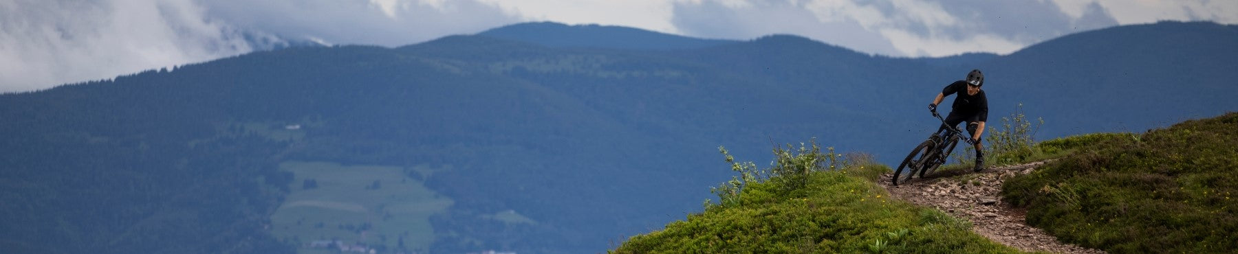 Eine Person fährt mit dem Mountainbike auf einem schmalen Pfad auf einem grünen Hügel, mit Blick auf ausgedehnte bewaldete Berge und einen bewölkten Himmel im Hintergrund.