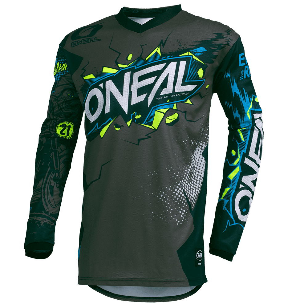 Das O'NEAL ELEMENT Jersey VILLAIN von O'NEAL zeigt den Markennamen „O'NEAL“ in auffälliger, grafischer Schrift deutlich sichtbar auf der Brust. Dieses Langarmtrikot zeigt leuchtende grüne, blaue und weiße Akzente sowie verschiedene Designs und Logos an den Ärmeln und Schultern. Es ist aus atmungsaktivem Material für einen perfekten Sitz gefertigt.