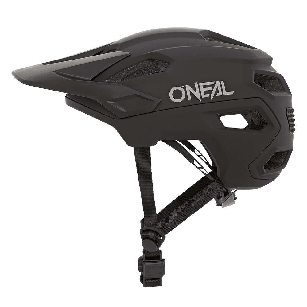 Der schwarze O'NEAL TRAILFINDER Helm SOLID verfügt über ein Visier, seitliche Belüftung, verstellbare Riemen und einen Clip-Verschluss. Mit dem O'NEAL-Logo an der Seite ist dieses schlanke und aerodynamische Design perfekt zum Mountainbiken.