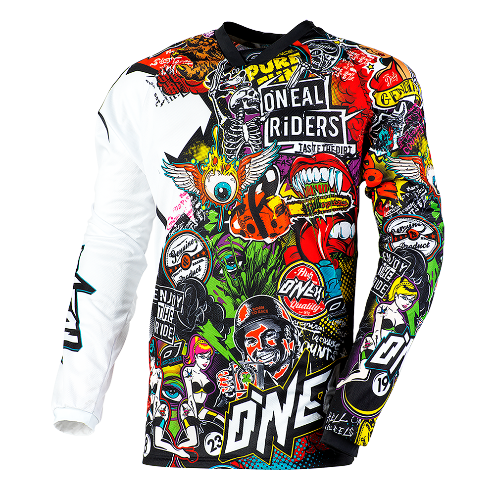 Das O'NEAL MAYHEM Jersey CRANK von O'NEAL ist ein farbenfrohes, langärmliges Motocross-Trikot voller farbenfroher, vielseitiger Grafiken und Logos. Das Design zeigt verschiedene cartoonartige Illustrationen, darunter Totenköpfe, Flammen und Biker-Motive. Hergestellt aus High-Performance-Qualitätsmaterialien für unübertroffenen Komfort, sind die vorherrschenden Farben Rot, Schwarz, Weiß, Gelb und Blau.