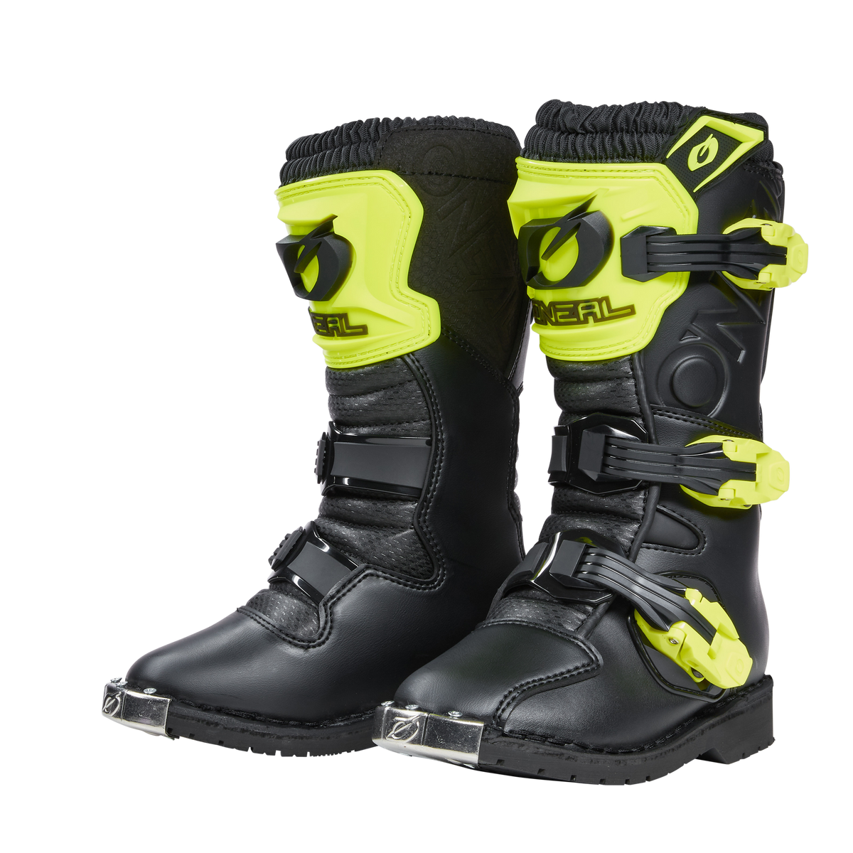 Die O'NEAL RIDER PRO Stiefel Kinder sind ein Paar schwarze Motocross-Stiefel mit neongelben Akzenten und mehreren Schnallen. Mit dem O'Neal-Logo im Schienbeinschonerbereich sind diese Stiefel auf hohen Schutz und Haltbarkeit beim Offroad-Fahren ausgelegt. Ihre verstärkten und robusten Sohlen sorgen für verbesserten Halt.