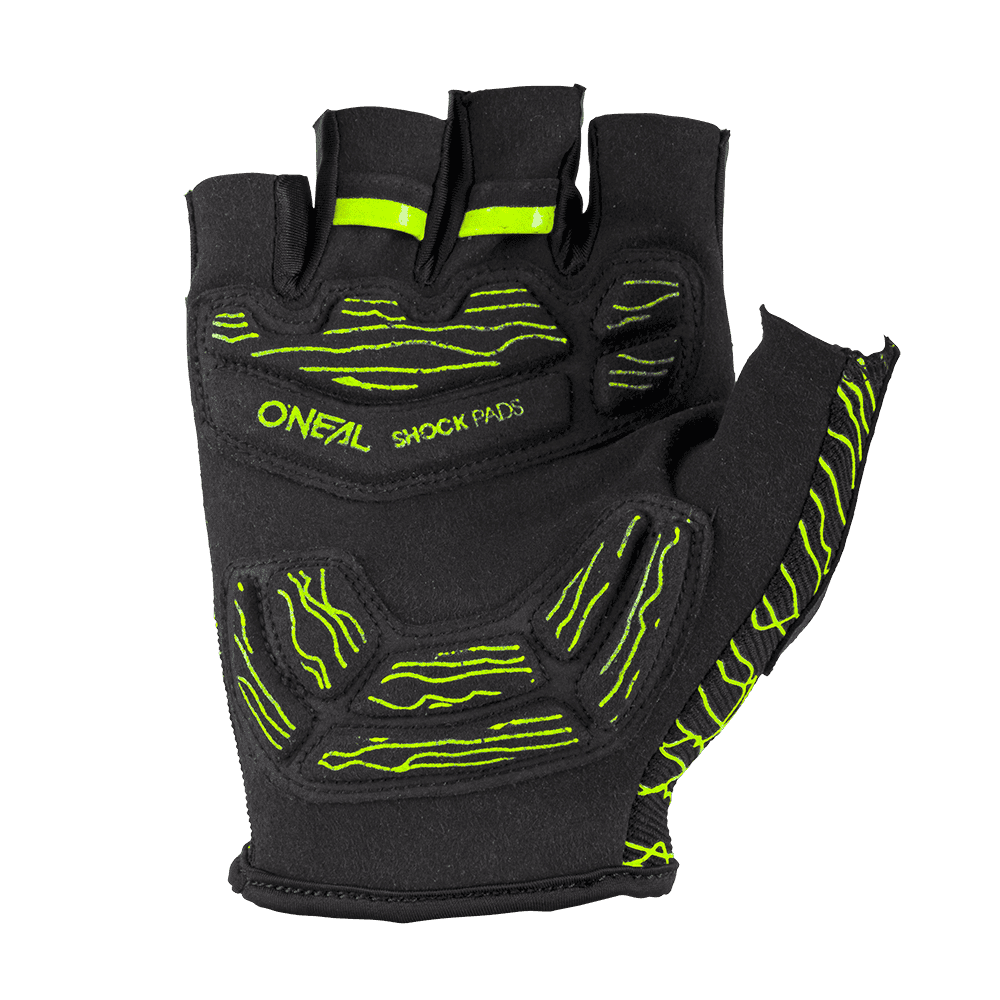 Der O'NEAL DROP Fingerless Handschuh ist ein schwarzer Fahrradhandschuh mit neongrünen Akzenten und der Aufschrift „ONEAL SHOCK PADS“ auf der Rückseite. Er besticht durch sein robustes Design, eine verbesserte Polsterung und zusätzliche Grip-Funktionen und eignet sich daher perfekt für hochintensive Radsportaktivitäten.