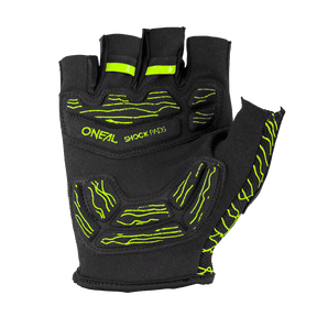 Der O'NEAL DROP Fingerless Handschuh ist ein schwarzer Fahrradhandschuh mit neongrünen Akzenten und der Aufschrift „ONEAL SHOCK PADS“ auf der Rückseite. Er besticht durch sein robustes Design, eine verbesserte Polsterung und zusätzliche Grip-Funktionen und eignet sich daher perfekt für hochintensive Radsportaktivitäten.