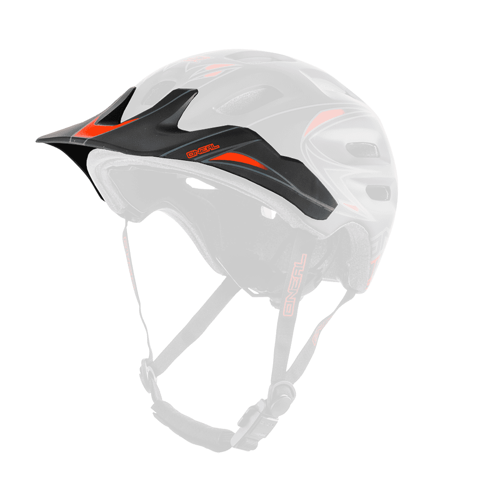 Der O'NEAL Visor DEFENDER Helmet TRIBAL ist ein schwarz-roter Fahrradhelm mit mehreren Belüftungsöffnungen und einem verstellbaren Kinnriemen. Er verfügt über ein schlankes, aerodynamisches Design mit Frontvisier und bietet Sicherheit und Komfort beim Radfahren.