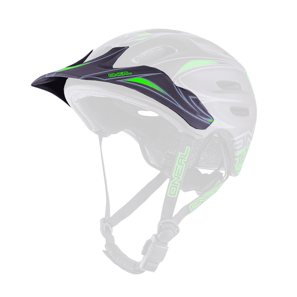 Der O'NEAL Visor DEFENDER Helmet TRIBAL ist ein schwarz-grüner Fahrradhelm mit Visier, Belüftungsschlitzen und Kinnriemen mit Schnalle. Dieser O'NEAL-Helm hat aerodynamische Designs und Branding an den Seiten.