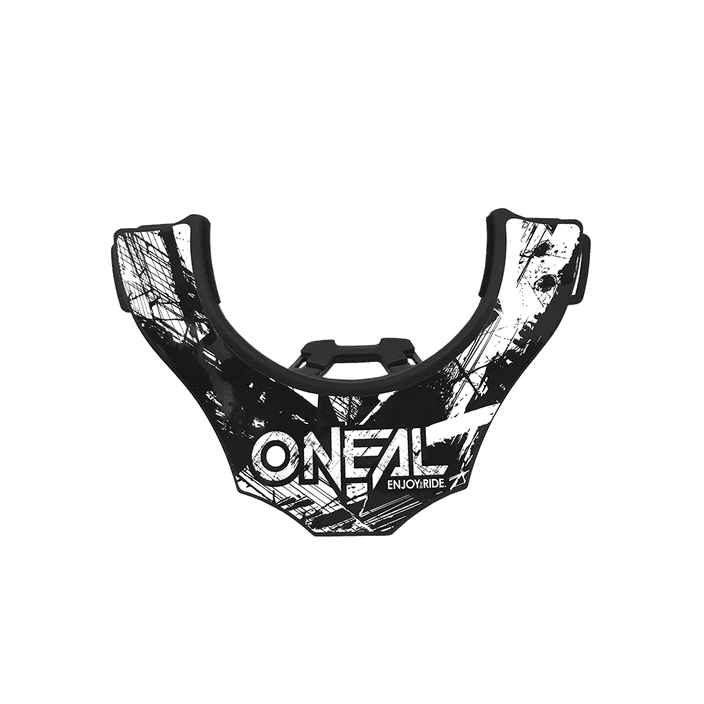 Das O'NEAL Back Part TRON Neckbrace verfügt über ein schwarz-weißes Design mit abstrakten Grafiken, auf denen der Markenname „O'NEAL“ in weißer Schrift deutlich zu sehen ist.