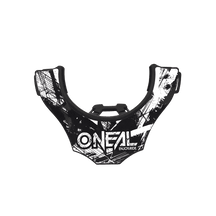 Das O'NEAL Back Part TRON Neckbrace verfügt über ein schwarz-weißes Design mit abstrakten Grafiken, auf denen der Markenname „O'NEAL“ in weißer Schrift deutlich zu sehen ist.