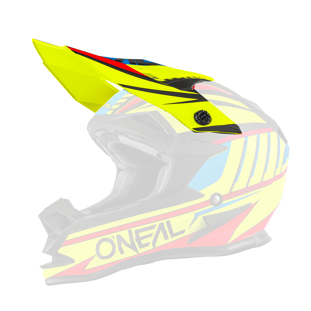 Der O'NEAL Visor 7SRS Helmet CHASER ist ein lebendiger Integralhelm mit eckigem Design in Neongelb, Schwarz, Blau und Rot. Der Helm verfügt über ein markantes Visier und zeigt das „O'NEAL“-Logo in fetten schwarzen Buchstaben an der Seite.