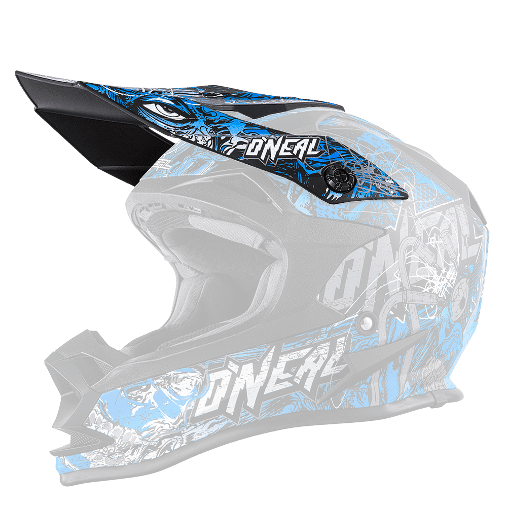 Der O'NEAL Visor 7SRS Helmet MENACE ist ein blau-schwarzer Motocross-Helm mit Grafikdesigns, die den Markennamen „O'Neal“ deutlich zeigen. Er verfügt über ein erweitertes Visier und einen offenen Kinnschutz für verbesserten Schutz und Belüftung.