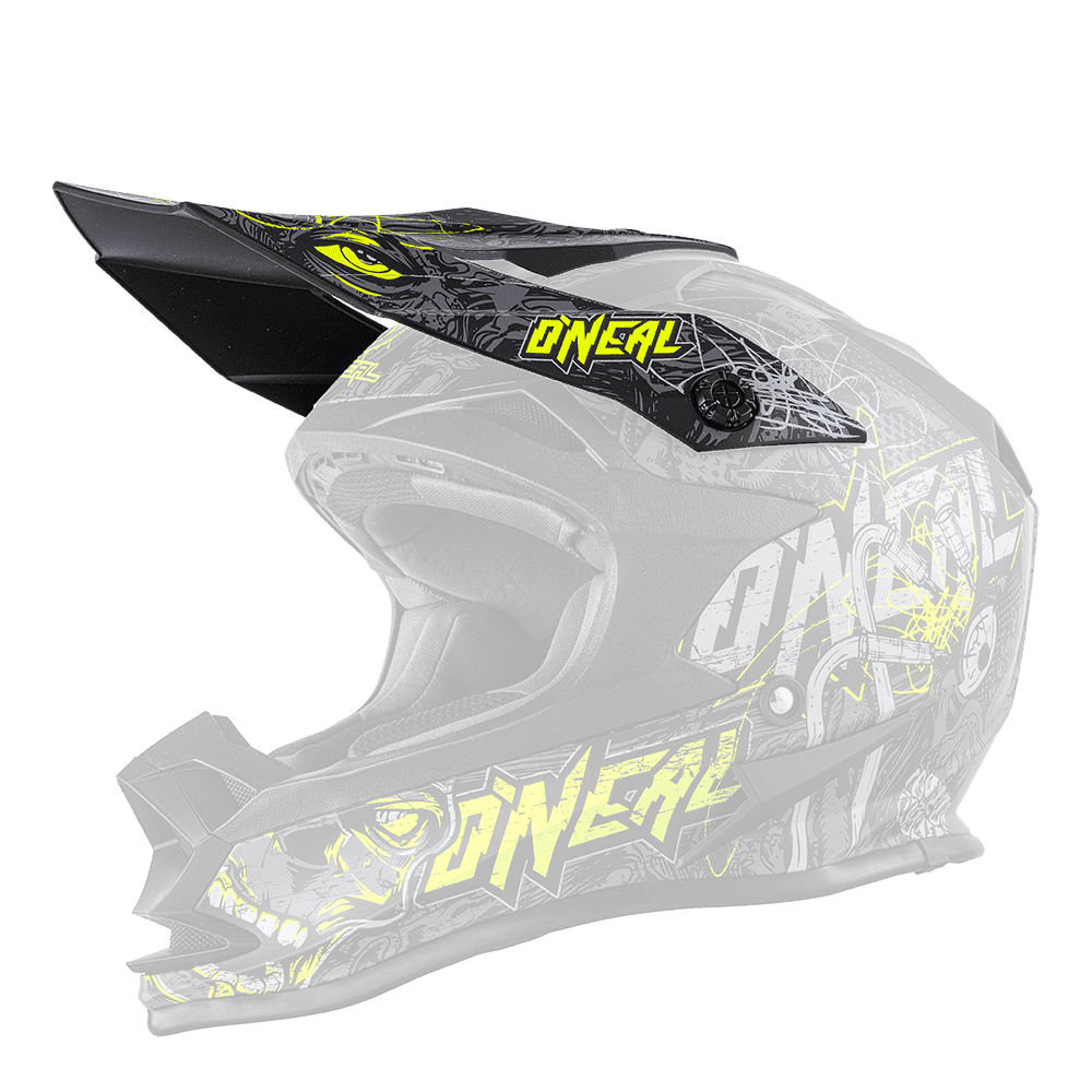 Der O'NEAL Visor 7SRS Helmet MENACE ist ein schwarz-grauer Motocross-Helm mit leuchtend gelben Akzenten, der den Markennamen „O'Neal“ zusammen mit verschiedenen grafischen Designs wie abstrakten Mustern und Augenmotiven zeigt. Dieser robuste Helm verfügt über ein ausgeprägtes Visier und Belüftungslöcher für zusätzliche Funktionalität.