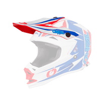 Der O'NEAL Visor 7SRS Helm STRAIN ist ein farbenfroher Motocross-Helm mit einem auffälligen Design mit roten, weißen und blauen Grafiken. Er hat ein verlängertes Visier und ein auffälliges „O'NEAL“-Branding an der Seite. Die Innenseite ist für Komfort und Schutz gepolstert.