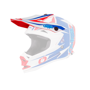 Der O'NEAL Visor 7SRS Helm STRAIN ist ein farbenfroher Motocross-Helm mit einem auffälligen Design mit roten, weißen und blauen Grafiken. Er hat ein verlängertes Visier und ein auffälliges „O'NEAL“-Branding an der Seite. Die Innenseite ist für Komfort und Schutz gepolstert.