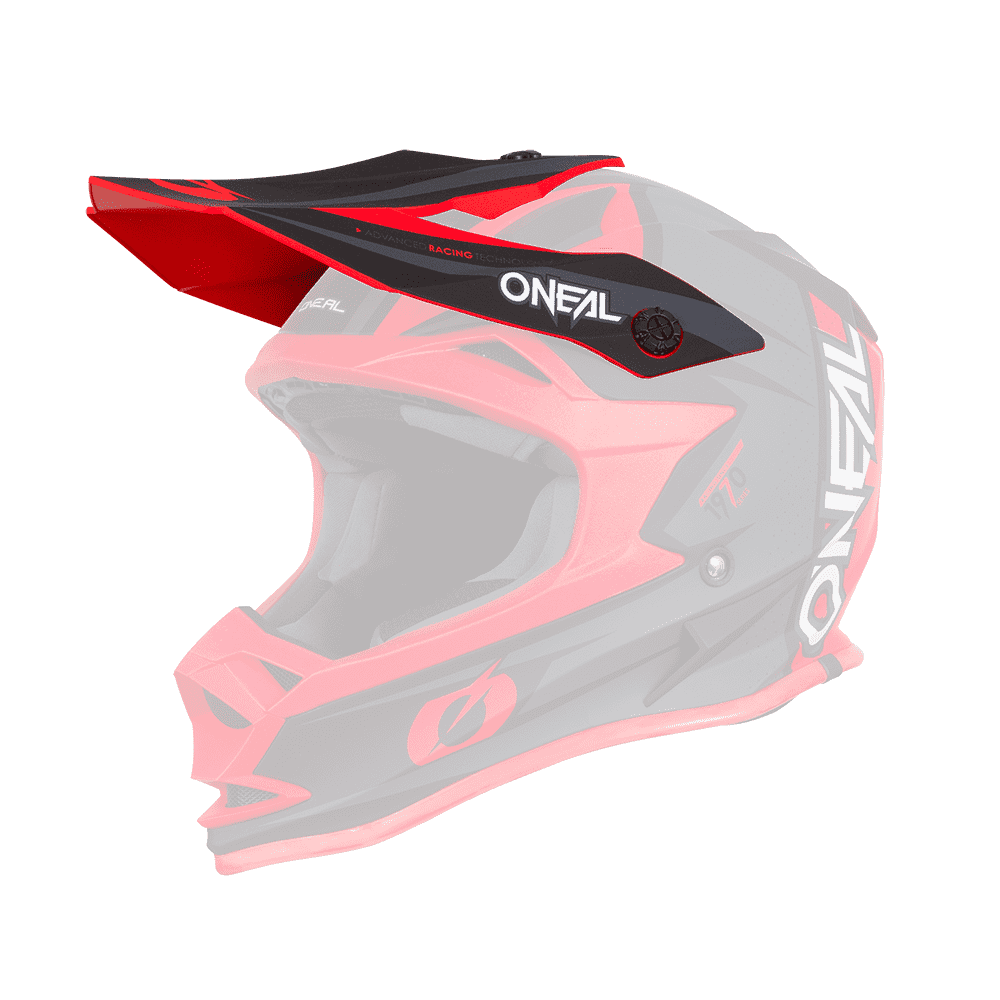 Der O'NEAL Visor 7SRS Helm STRAIN ist ein rot-schwarzer Rennhelm mit einem schlanken, kantigen Design mit Frontvisier und auffälligem, fettem Branding an den Seiten. Er ist speziell für den Offroad- oder Motocross-Einsatz konzipiert.