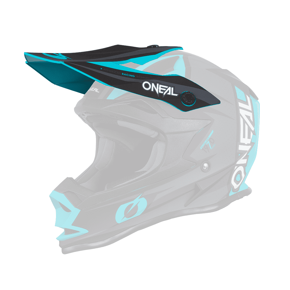 Ein O'NEAL Visor 7SRS Helm STRAIN in Schwarz und Blaugrün mit Integraldesign und eckigem Visier. Der Helm zeigt das weiße O'NEAL-Logo an der Seite und vorne, geschmückt mit stilisierten Grafiken und Akzenten für ein elegantes und modernes Erscheinungsbild.