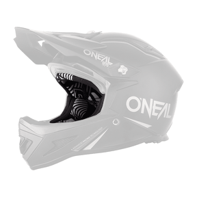 Der O'NEAL Liner & Cheek Pads WARP Helm ist ein mattschwarzer Integralhelm für Motocross mit weißem Branding, belüftetem Visier und aufwendiger Innenpolsterung mit schwarz-weißen geometrischen Mustern. Das „O'Neal“-Logo ist an der Seite gut sichtbar, zusammen mit der Nummer „1970“.