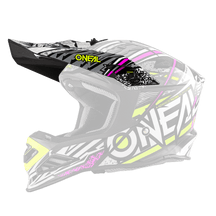 Der O'NEAL Visor 8SRS Helm SYNTHY ist ein schwarz-weißer Integralhelm für Motocross mit leuchtenden Gelb- und Pink-Akzenten. Er weist kräftige geometrische Muster auf und trägt auf der Seite deutlich den Markennamen „O'NEAL“.