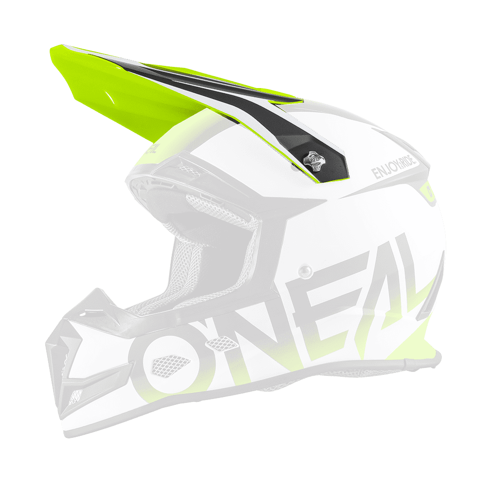 Seitenansicht eines neongelben und schwarzen O'NEAL Visor 5SRS Helmblockers mit elegantem Design, markantem Visier und eckigen Belüftungsöffnungen. Der Helm trägt an der Seite ein auffälliges „O'Neal“-Branding und bietet erheblichen Kopf- und Gesichtsschutz.