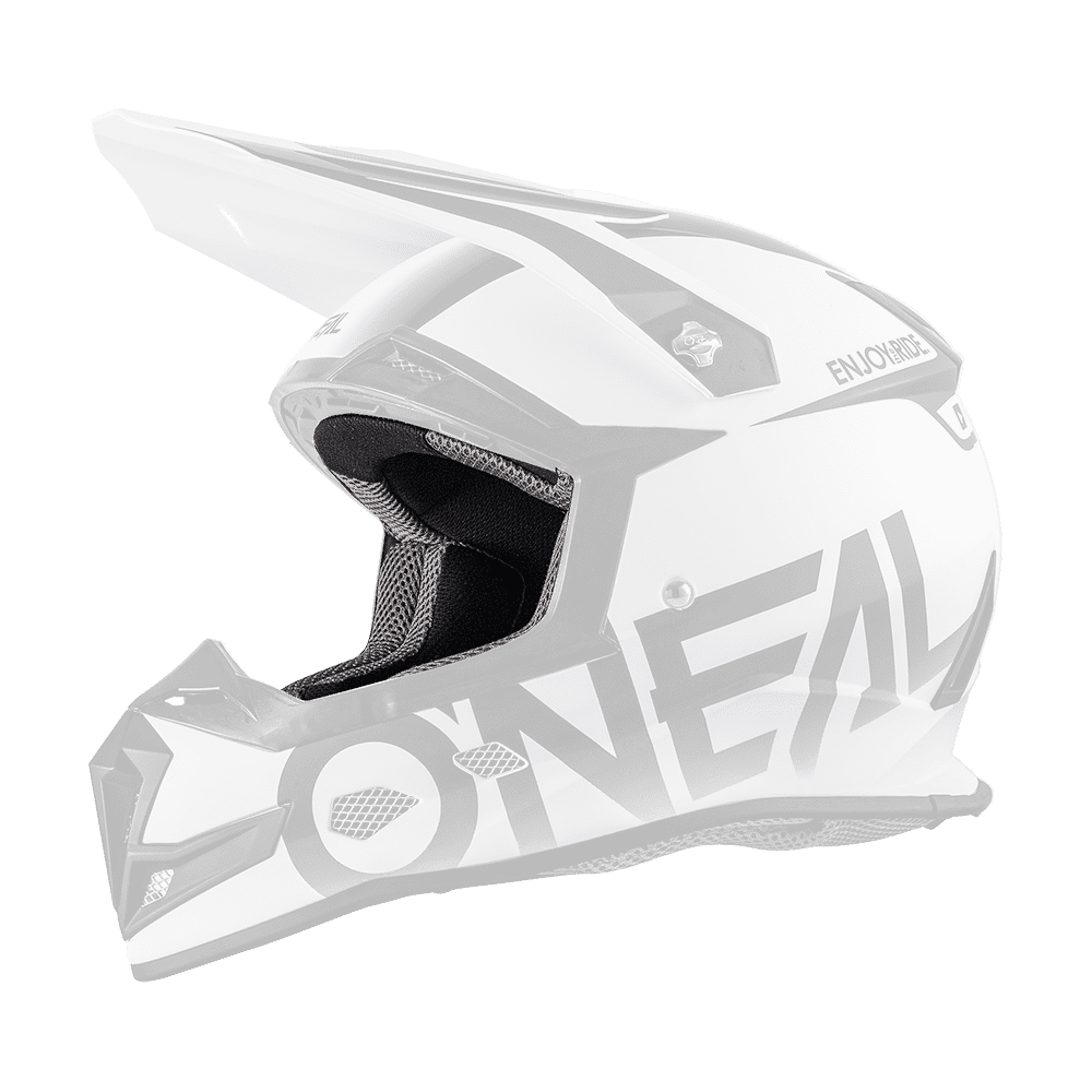 Ein weiß-schwarzer Offroad-Motorradhelm mit markantem Visier und Kinnschutz, mit eckigen Designelementen und dem Markennamen „O'NEAL“ in fetten Buchstaben an der Seite. Dies ist der O'NEAL Liner & Cheek Pads 5SRS Helm.