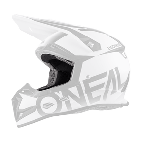 Ein weiß-schwarzer Offroad-Motorradhelm mit markantem Visier und Kinnschutz, mit eckigen Designelementen und dem Markennamen „O'NEAL“ in fetten Buchstaben an der Seite. Dies ist der O'NEAL Liner & Cheek Pads 5SRS Helm.