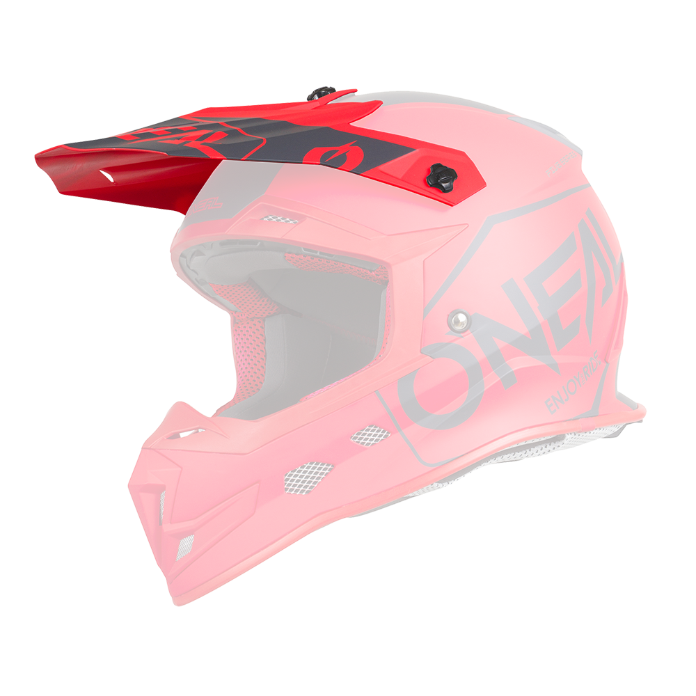 Der O'NEAL Visor 5SRS Helm HEXX ist ein leuchtend roter Motocross-Helm mit schwarzen Akzenten und dem Wort „O'NEAL“ deutlich sichtbar auf der Seite. Dieser Helm verfügt über ein Visier, zahlreiche Belüftungsöffnungen und eine gepolsterte Innenseite für zusätzlichen Komfort und Schutz.