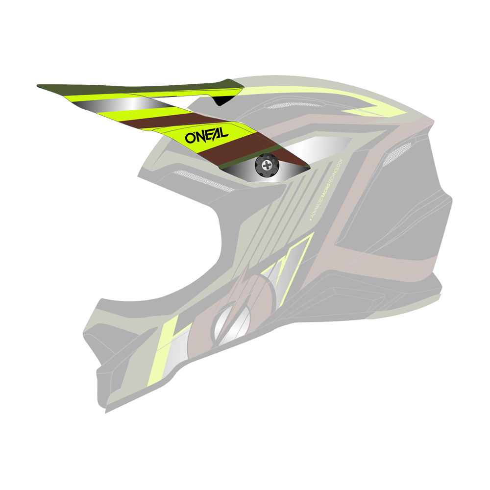 Dieser O'NEAL Visor 3SRS Helm VISION ist ein schwarz-grüner Motocross-Helm mit eckigen gelben, grünen und braunen Akzenten. Er besticht durch ein schlankes, aerodynamisches Design mit dem Markennamen „O'Neal“ auf der Seite.