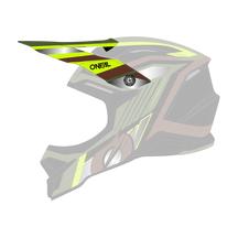 Dieser O'NEAL Visor 3SRS Helm VISION ist ein schwarz-grüner Motocross-Helm mit eckigen gelben, grünen und braunen Akzenten. Er besticht durch ein schlankes, aerodynamisches Design mit dem Markennamen „O'Neal“ auf der Seite.