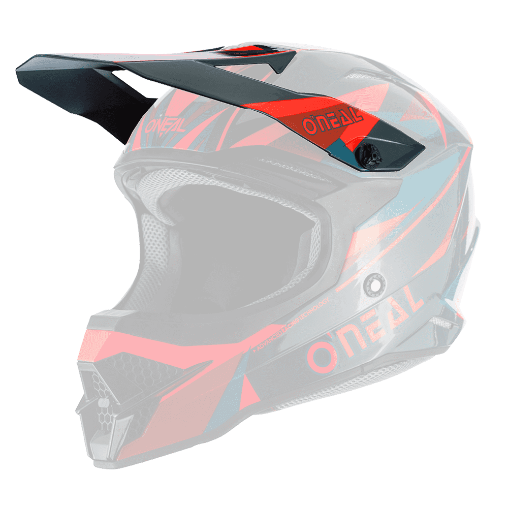 Bild des O'NEAL Visor 3SRS Helms TRIZ, einem Integralhelm für Offroad-Motorräder mit einem eleganten geometrischen Design. Der Helm ist hauptsächlich schwarz, rot und blau, mit dem Markennamen „O'NEAL“ deutlich sichtbar auf der Seite. Das Visier ist verstellbar und die Innenseite scheint gut gepolstert zu sein, um Komfort zu bieten.