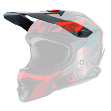 Bild des O'NEAL Visor 3SRS Helms TRIZ, einem Integralhelm für Offroad-Motorräder mit einem eleganten geometrischen Design. Der Helm ist hauptsächlich schwarz, rot und blau, mit dem Markennamen „O'NEAL“ deutlich sichtbar auf der Seite. Das Visier ist verstellbar und die Innenseite scheint gut gepolstert zu sein, um Komfort zu bieten.