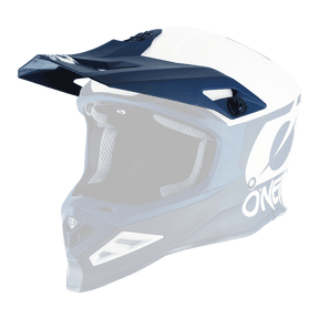 Der O'NEAL Visor F-SRS Helmet 2T ist ein marineblau-weißer Motocross-Helm mit Visier und Mundschutz. Dieser Helm trägt das große „O'NEAL“-Logo auf der Seite und verfügt über eine gepolsterte Innenausstattung für mehr Sicherheit und Komfort.