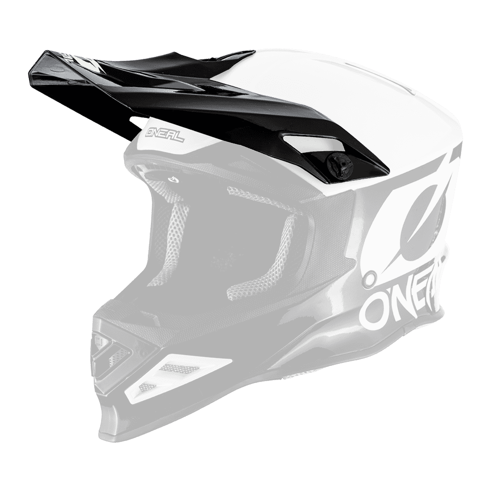 Abgebildet ist ein O'NEAL Visor F-SRS Helm 2T, ein Integralhelm für Motocross mit schwarz-weißen Grafiken. Das elegante Design umfasst ein Visier und Belüftungsöffnungen in Kinn- und Stirnnähe, wobei der Markenname „O'NEAL“ prominent auf der Seite aufgedruckt ist. Fans von Motorradbekleidung werden den anspruchsvollen Look zu schätzen wissen.