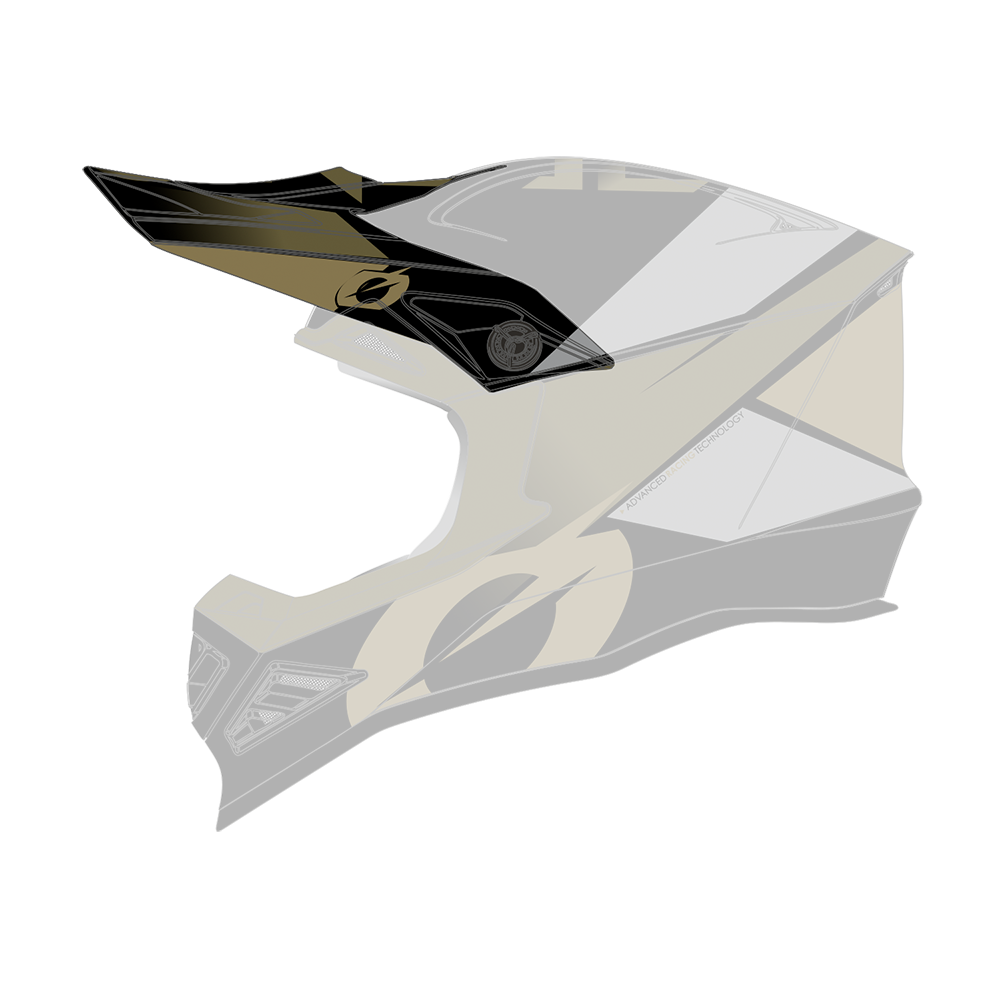 Eine Seitenansicht des O'NEAL Visor F-SRS Helms GLITCH zeigt ein dynamisches Design mit eckigen Mustern in Schwarz, Weiß und Gold. Der Helm verfügt über ein markantes Visier, eckige Belüftungsöffnungen und eine schlanke, aerodynamische Form mit dem O'NEAL-Logo oben.