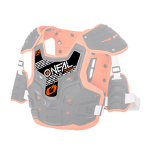 Der O'NEAL Sticker PXR Stone Shield ist ein schwarz-orangefarbener Motocross-Brustschutz, auf dessen Vorderseite der Markenname „O'Neal“ deutlich zu sehen ist. Er verfügt über robuste Schulterschützer, verstellbare weiße Riemen und ein robustes Design, das sich ideal für das Fahren im Gelände eignet.