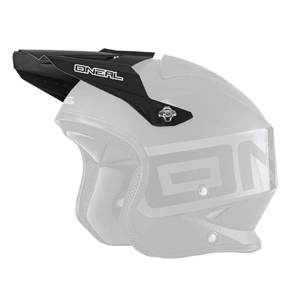 Der O'NEAL Visor SLAT Helm SOLID in Mattschwarz präsentiert ein eckiges Design mit dem Markenlogo, das prominent auf dem Visier und an der Seite angebracht ist. Dieser Helm verfügt über einen markanten Kinnschutz, ein kleines oberes Visier und eine schwarze Polsterung im Inneren für Schutz und Komfort.