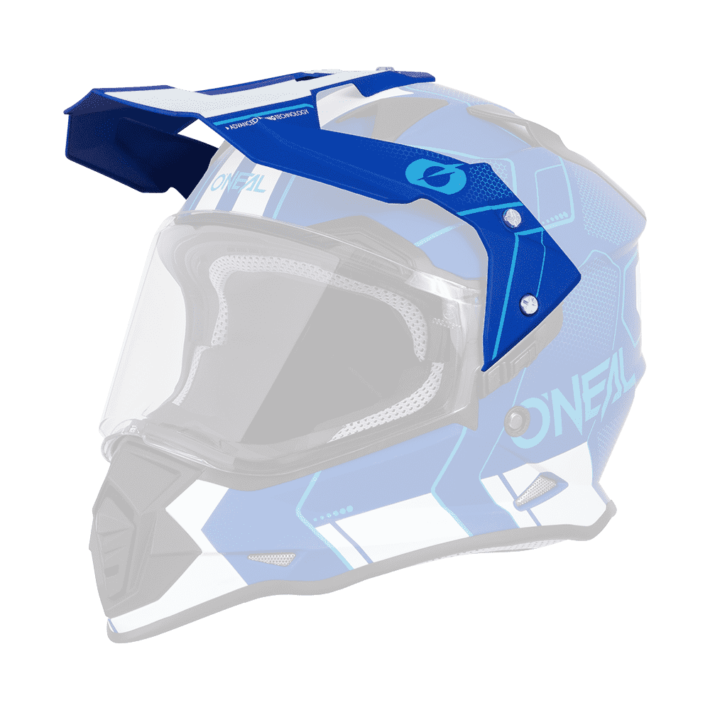 Ein O'NEAL Visor SIERRA Helm COMB in Blau und Weiß mit klarem Visier und schwarzen Akzenten. Der Helm verfügt über ein scharfes, kantiges Design sowie integrierte Belüftungsfunktionen. Das kultige O'NEAL-Logo ist sowohl an der Seite als auch im Visierbereich deutlich zu sehen.