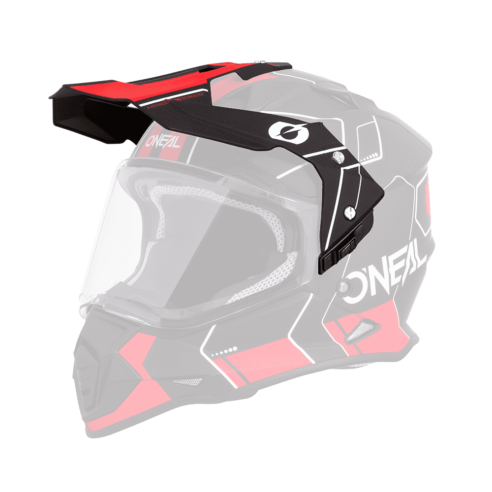 Ein O'NEAL Visor SIERRA Helm COMB in Schwarz und Rot, verziert mit einem geometrischen Design. Er verfügt über ein klares Visier, Belüftungsschlitze und einen oben angebrachten Schirm. Das Markenlogo „O'Neal“ ist prominent an der Seite angebracht.