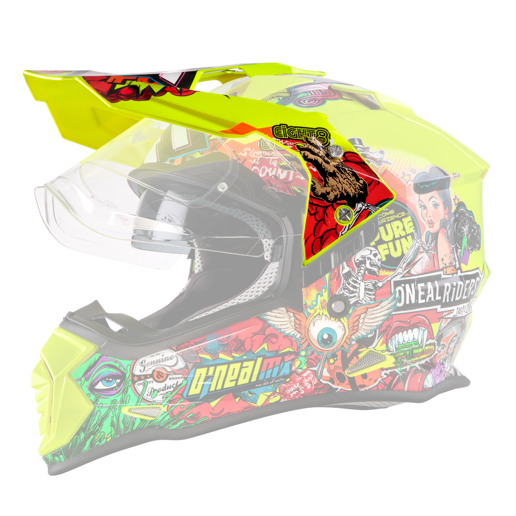 Der O'NEAL Visor SIERRA Helmet CRANK ist ein farbenfroher Motorradhelm mit offenem Visier, der eine komplexe und vielseitige Mischung aus farbenfrohen Kunstwerken im Graffiti-Stil aufweist, darunter verschiedene Logos, Figuren und Designs. Die Grundfarben sind Neongelb und Neonrot, akzentuiert durch andere helle Farbtöne.