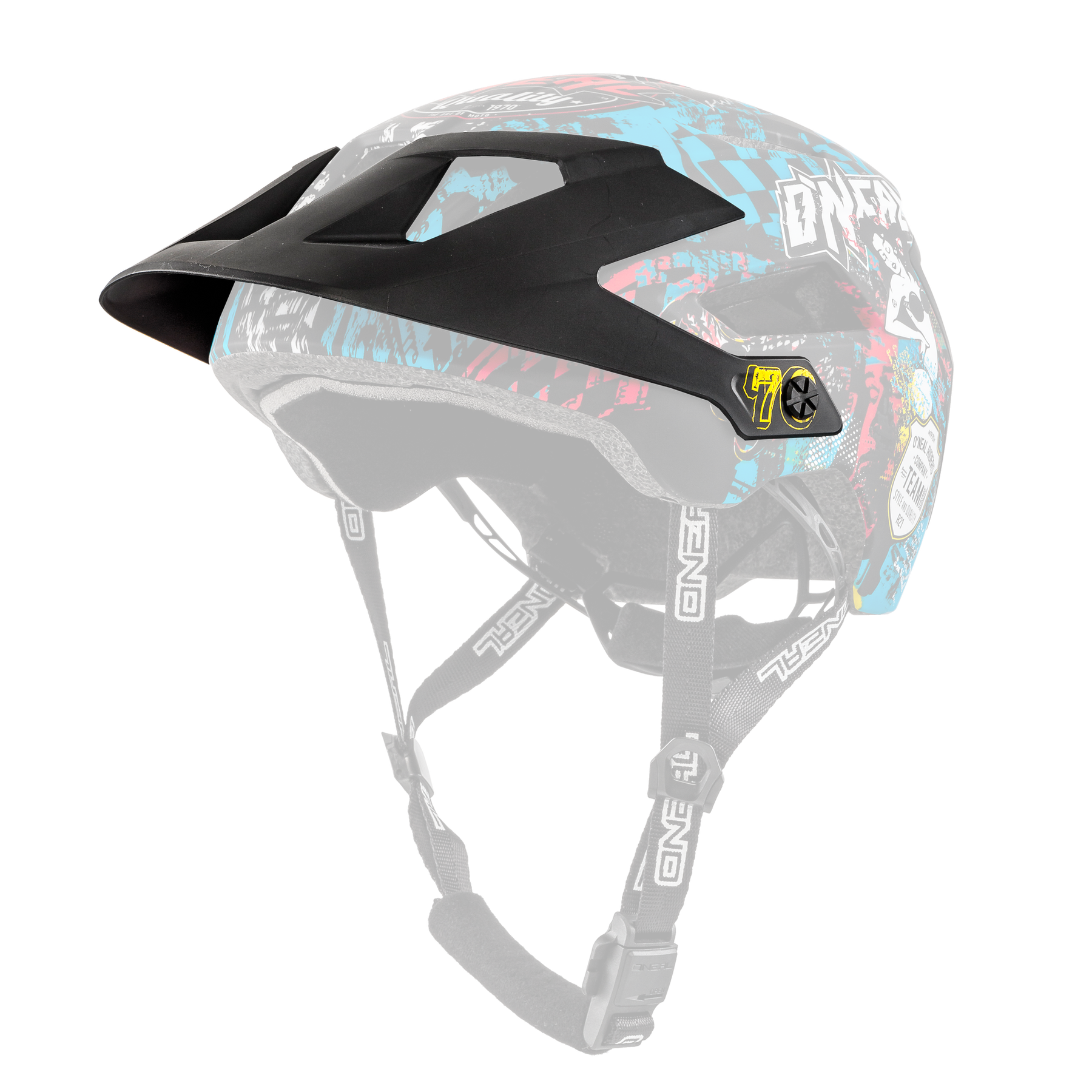 Der O'NEAL Visor DEFENDER Helmet WILD ist ein schwarz-mehrfarbiger Mountainbike-Helm mit leuchtend blauen, roten und weißen Grafiken. Dieser Helm verfügt über ein Sonnenvisier, verstellbare Riemen und trägt das auffällige „O'NEAL“-Logo an der Seite.