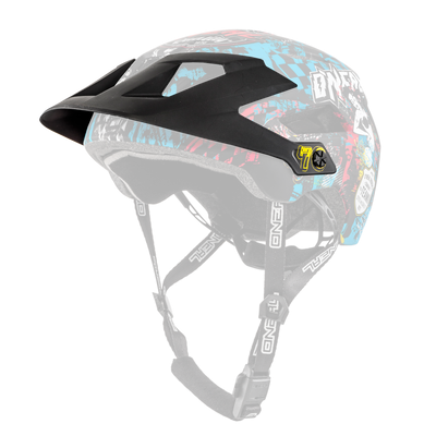 Der O'NEAL Visor DEFENDER Helmet WILD ist ein schwarz-mehrfarbiger Mountainbike-Helm mit leuchtend blauen, roten und weißen Grafiken. Dieser Helm verfügt über ein Sonnenvisier, verstellbare Riemen und trägt das auffällige „O'NEAL“-Logo an der Seite.