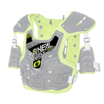 Der O'NEAL Sticker PXR Stone Shield ist ein schwarz-limettengrüner Brustschutz für Motocross- und Offroad-Aktivitäten. Er verfügt über robuste Schulterpolster, verstellbare Riemen für einen sicheren Sitz und trägt auf der Vorderseite deutlich den Markennamen „O'NEAL“.