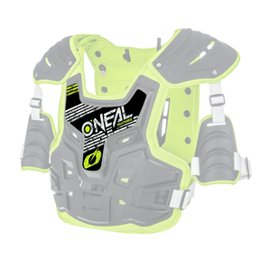 Der O'NEAL Sticker PXR Stone Shield ist ein schwarz-limettengrüner Brustschutz für Motocross- und Offroad-Aktivitäten. Er verfügt über robuste Schulterpolster, verstellbare Riemen für einen sicheren Sitz und trägt auf der Vorderseite deutlich den Markennamen „O'NEAL“.