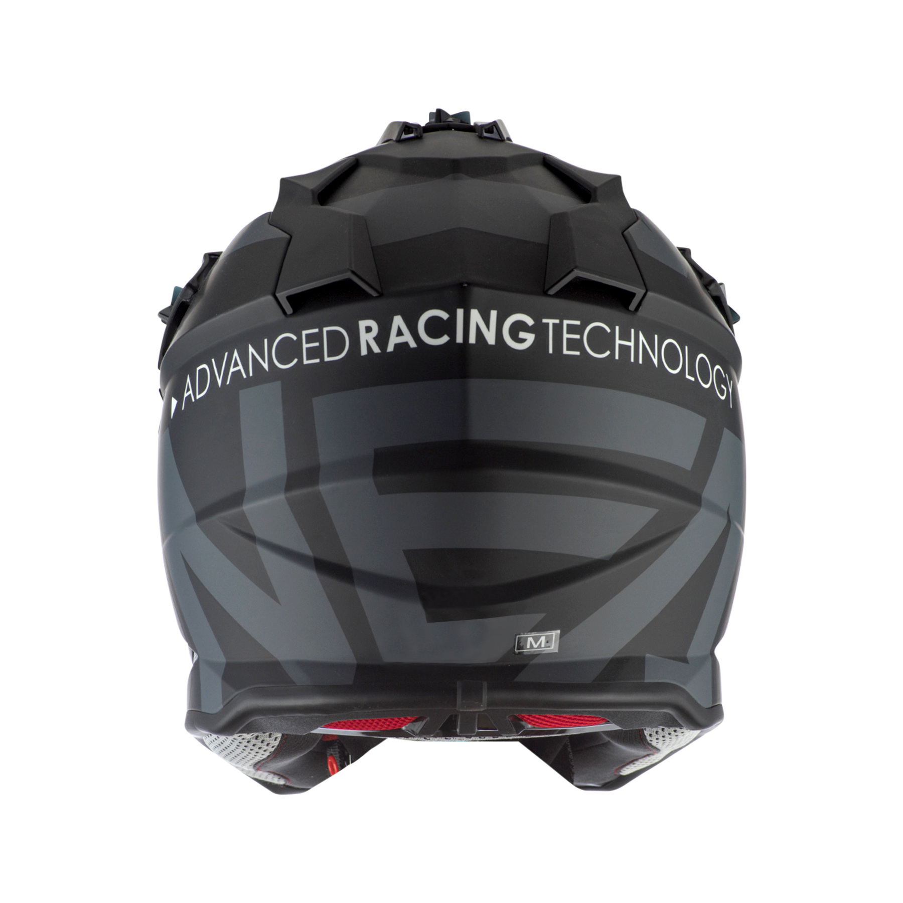 Ein O'NEAL 2SRS Helm SLICK Rennhelm in Schwarz mit dem Aufdruck „ADVANCED RACING TECHNOLOGY“ und „NEX“. Die Rückseite des Helms, ideal für den Motocross-Einsatz, verfügt über eckige Designs und ist mit der Größe „M“ gekennzeichnet.