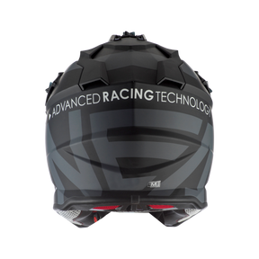 Ein O'NEAL 2SRS Helm SLICK Rennhelm in Schwarz mit dem Aufdruck „ADVANCED RACING TECHNOLOGY“ und „NEX“. Die Rückseite des Helms, ideal für den Motocross-Einsatz, verfügt über eckige Designs und ist mit der Größe „M“ gekennzeichnet.