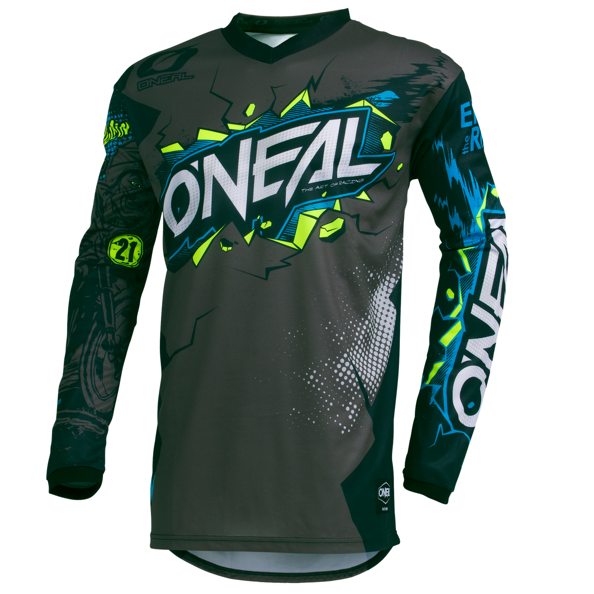 Das O'NEAL ELEMENT Jersey Kinder VILLAIN ist ein langärmliges, dunkelgraues Jugendtrikot. Auf der Vorderseite und dem rechten Ärmel ist „O'NEAL“ in kräftigen weißen und neongrünen Buchstaben deutlich zu sehen. Das MTB/MX-Design zeichnet sich durch gezackte Formen, leuchtende Farbspritzer und dynamische Illustrationen im Motocross-Stil aus und sorgt für einen auffälligen Look auf den Trails.