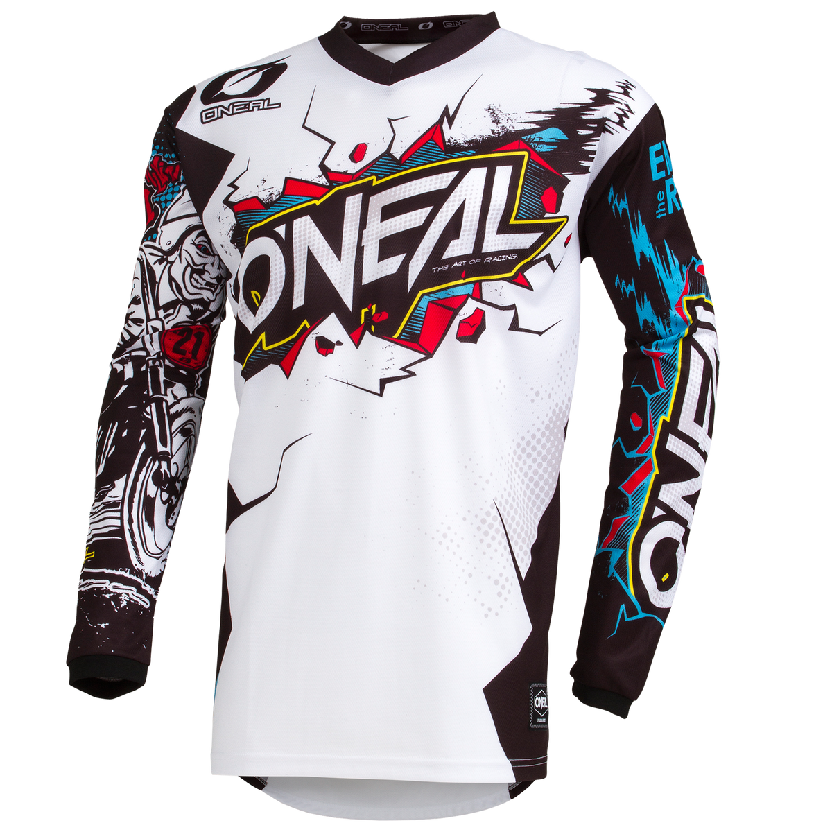 Das O'NEAL ELEMENT Jersey Kinder VILLAIN ist ein farbenfrohes Langarmtrikot, das den Markennamen O'Neal in fetten Buchstaben, grafische Elemente eines Dirtbike-Fahrers und dynamische Muster in Weiß, Schwarz, Rot, Blau und Gelb zeigt. Perfekt für MTB-/MX-Enthusiasten.