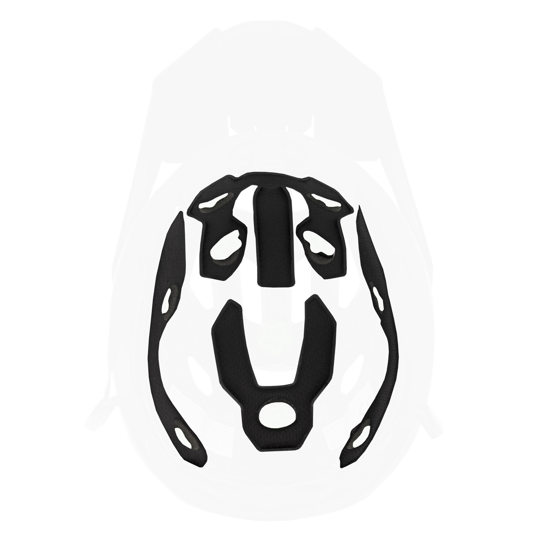 Der O'NEAL Liner PIKE Helm in Schwarz ist von unten zu sehen und zeigt grüne Polstereinsätze im Inneren. Im Inneren befinden sich außerdem weiße Etiketten mit Text. Der Helm besticht durch ein schlankes und modernes Design.