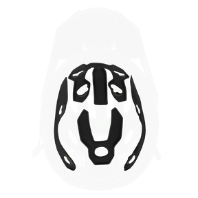 Der O'NEAL Liner PIKE Helm in Schwarz ist von unten zu sehen und zeigt grüne Polstereinsätze im Inneren. Im Inneren befinden sich außerdem weiße Etiketten mit Text. Der Helm besticht durch ein schlankes und modernes Design.