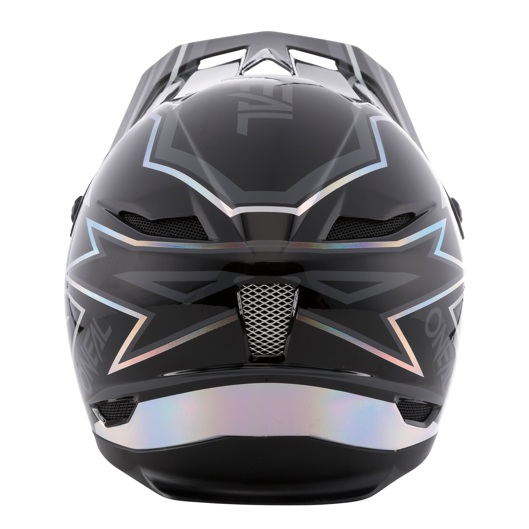 Eine Vorderansicht des O'NEAL FURY Helm RAPID zeigt sein schlankes, schwarzes Design mit schillernden geometrischen Mustern und Chrom-Highlights. Dieser Helm von O'NEAL verfügt über aerodynamische Rillen, einen belüfteten Kinnschutz für mehr Komfort und ein verspiegeltes Visier und strahlt eine moderne und futuristische Ästhetik aus.