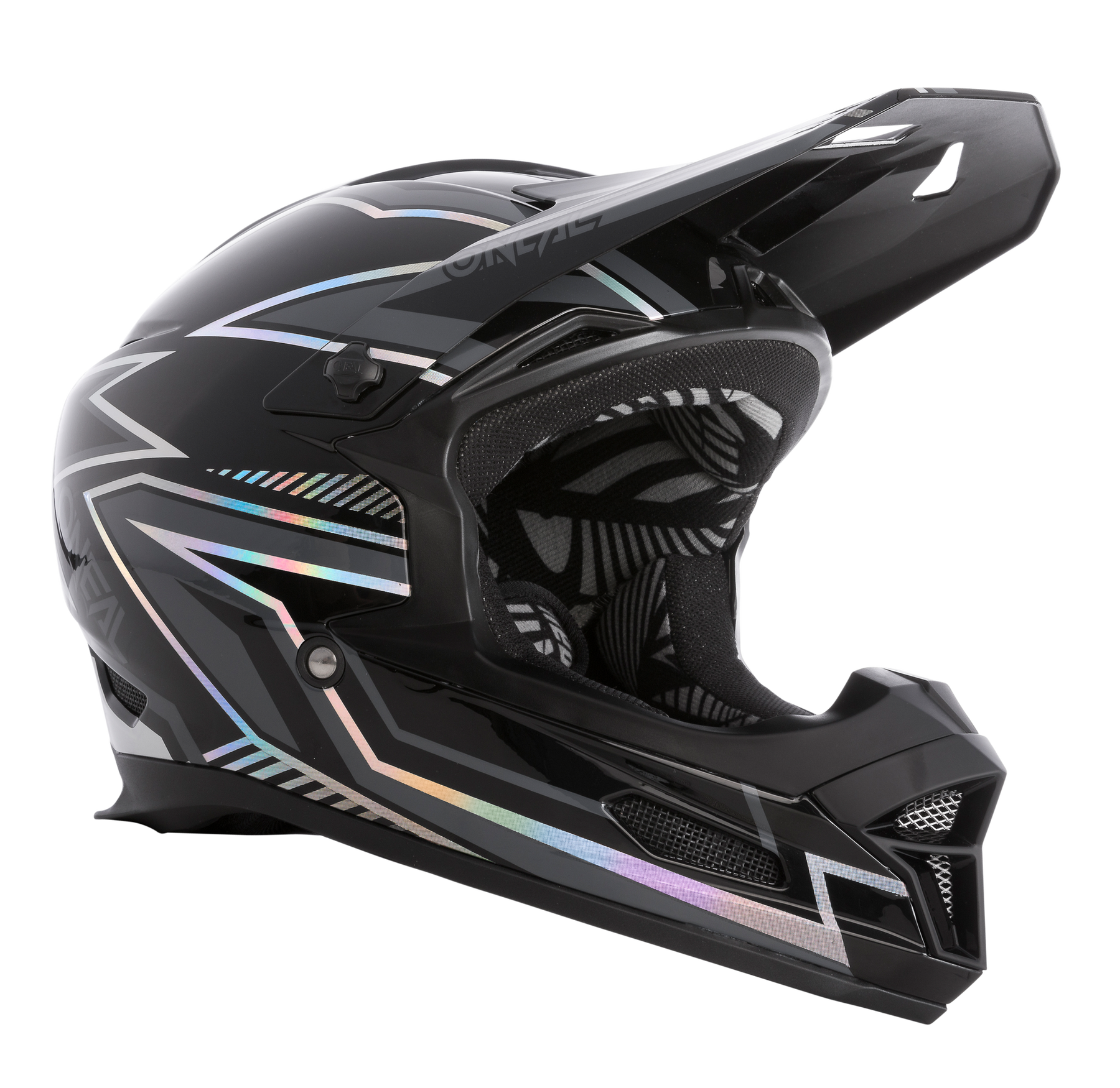 Der O'NEAL FURY Helm RAPID ist ein eleganter schwarzer Integralhelm für Motocross mit geometrischem Design und schillernden Akzenten. Inspiriert vom FURY ABS Mountainbike Helm verfügt er über ein großes Visier für verbesserten Schutz, Belüftungsöffnungen für Atmungsaktivität und zusätzliche Funktionen für ultimative Sicherheit und Komfort.